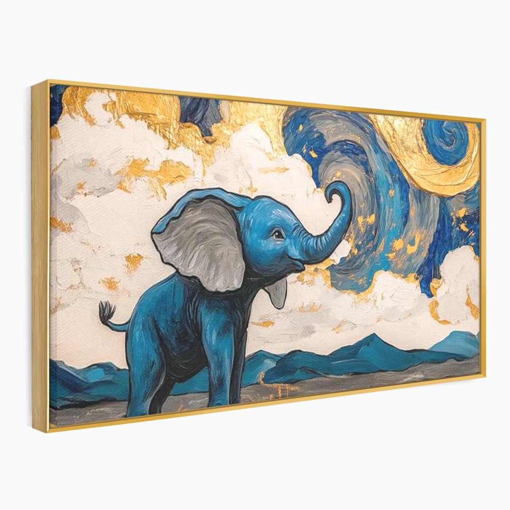 Tablou canvas cu tablou canvas cu elefant albastru, in rama de aluminiu auriu